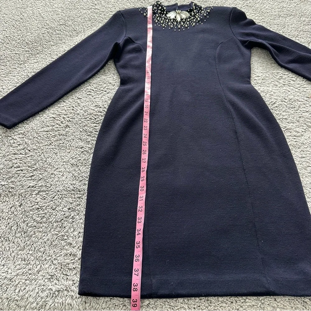 OUTLANDER Pearl & Jewel Trim Knit Dress Sz M Navy V-Back Long Sleeve